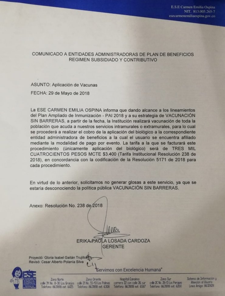 Comunicado a entidades administradoras de Plan de Beneficios Régimen Subsidiado y Contributivo - Vacunación sin barreras