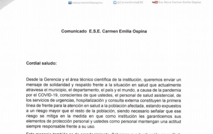 Comunicado ESE Carmen Emilia Ospina &iexcl;GRACIAS!