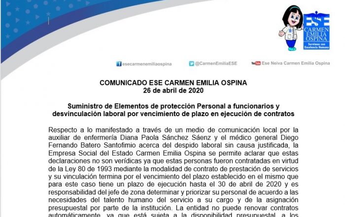 Comunicado a la Ciudadan&iacute;a ESE Carmen Emilia Ospina