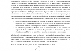 Comunicado ESE Carmen Emilia Ospina Neiva