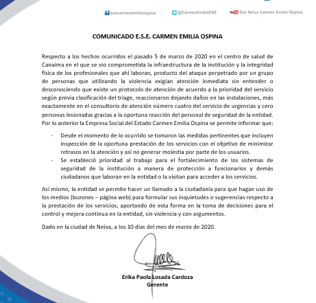 Comunicado ESE Carmen Emilia Ospina Neiva