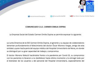 Comunicado E.S.E. Carmen Emilia Ospina