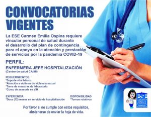 Convocatorias Laborales - Enfermera Jefe Hospitalización
