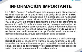 E.S.E. Municipal Continúa Garantizando la Dispensación de Medicamentos a Pacientes del Programa Riesgo Cardiovascular