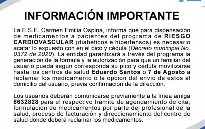 E.S.E. Municipal Contin&uacute;a Garantizando la Dispensaci&oacute;n de Medicamentos a Pacientes del Programa Riesgo Cardiovascular
