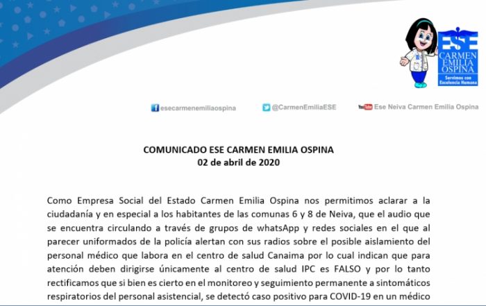 Comunicado a la Ciudadan&iacute;a 2 de Abril de 2020