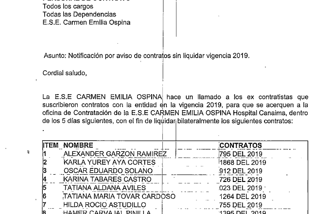 Notificaci&oacute;n de Contratos Pendientes por Liquidar Vigencia 2019